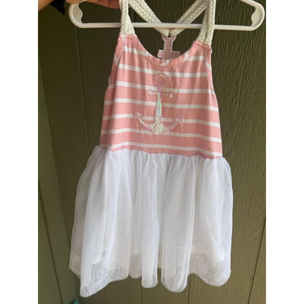 btween Dress‎ Girls 4T Pink White Striped Braided Straps Anchor Tulle